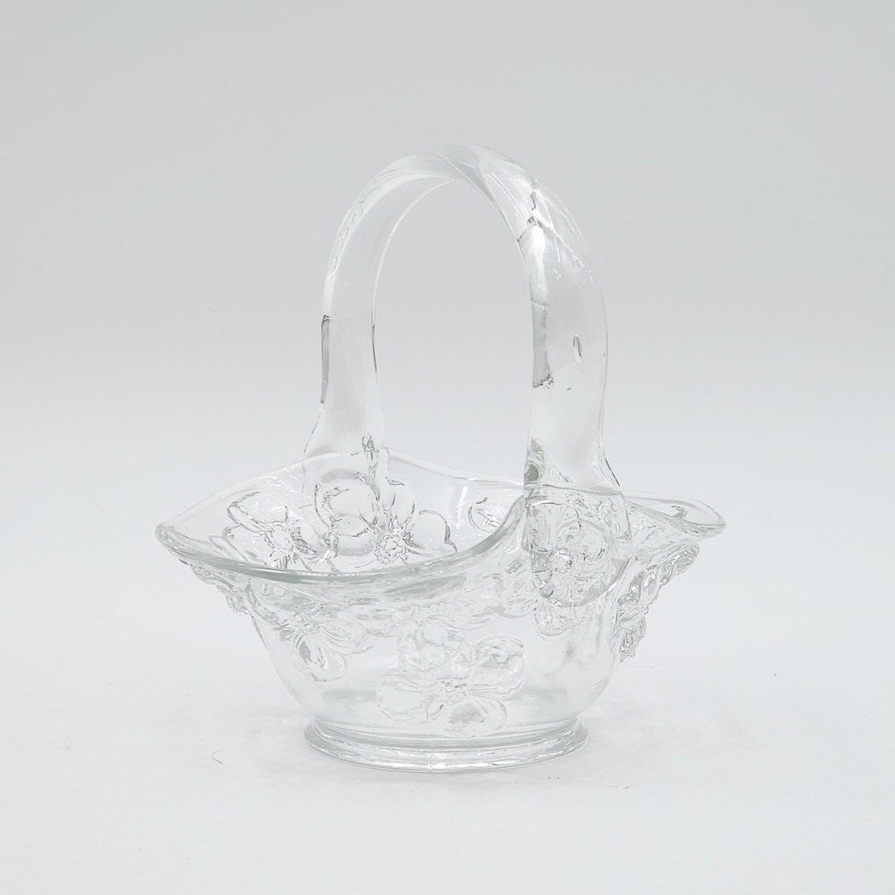 Vintage Indiana Glass Clear Pressed Glass Dogwood Floral Basket Applied Handle